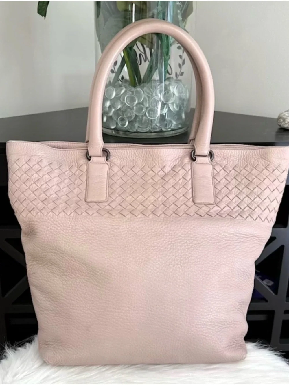 Auth BOTTEGA VENETA beige pink Taupe shoulder Tote Bag INTRECCIATO Woven leather